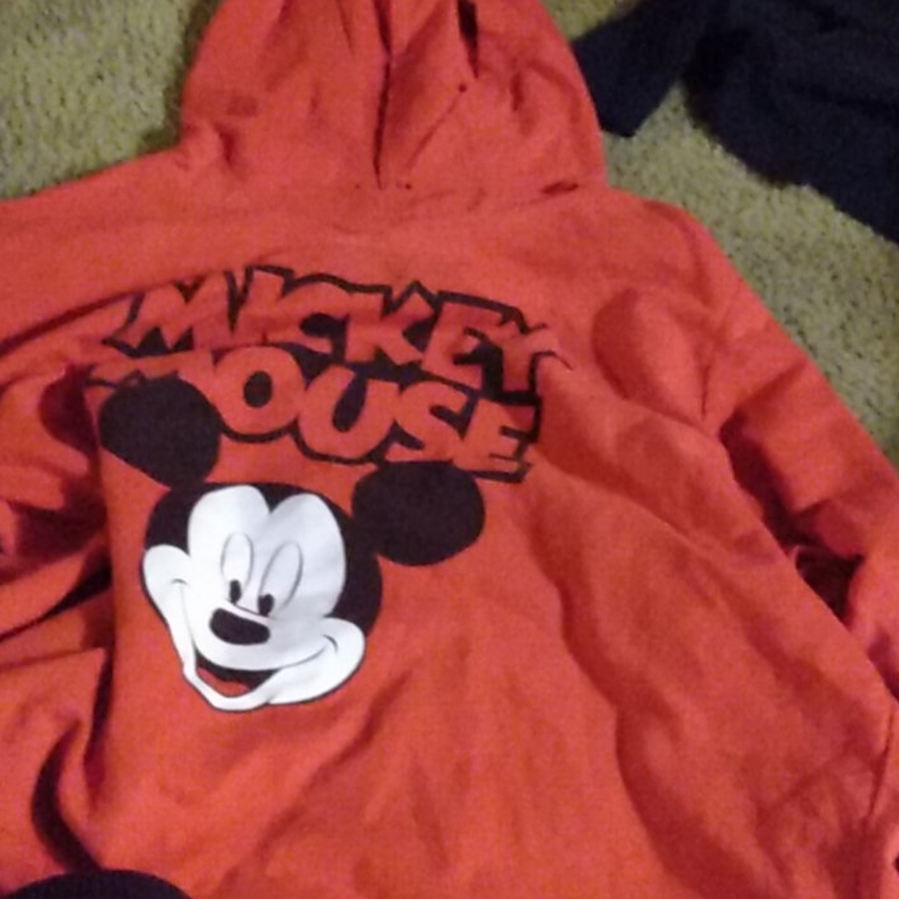 A red hooded mickey mouse hoodie with no pockets